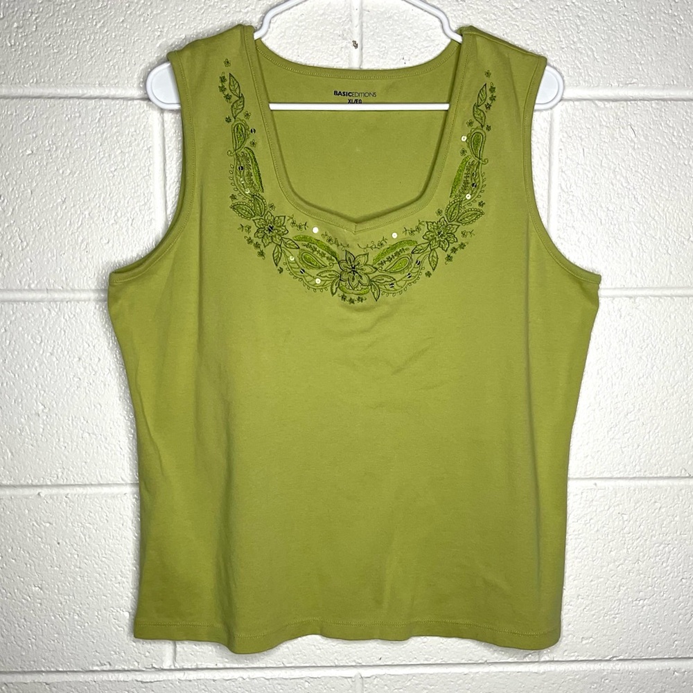 < Vintage Basic Editions Green Floral Embroidered… - image 1